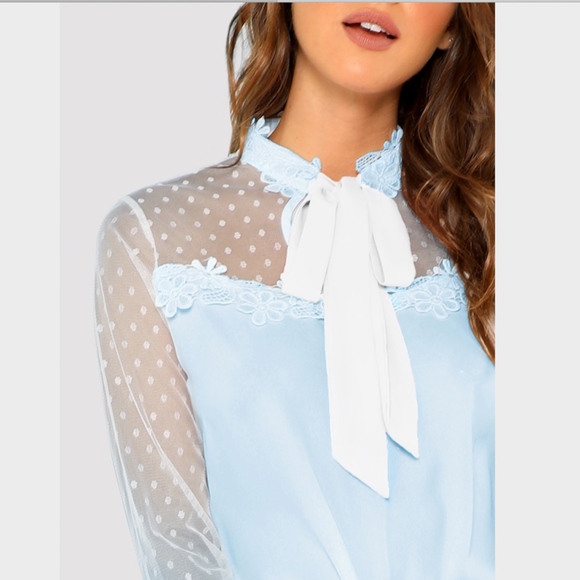 Tie Neck Dot Sheer Yoke Lace Applique Blouse - Picture 4 of 7